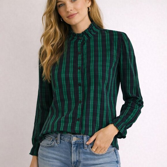 Vineyard Vines Tops - Vineyard Vines Plaid Ruffle Shirt 4 Navy Green Button Down Preppy Top